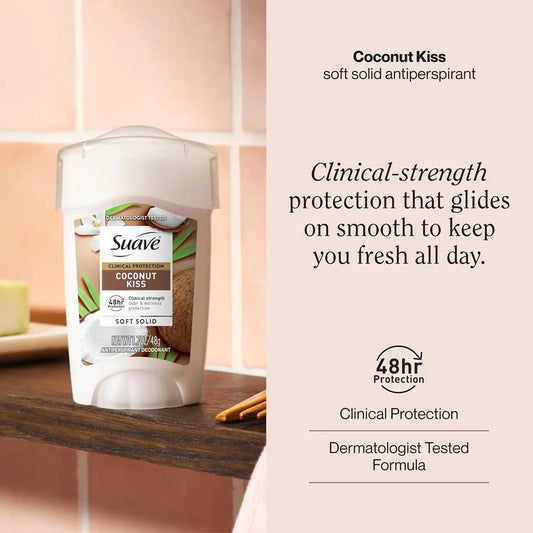 Suave Clinical Protection Coconut Kiss Soft Solid Antiperspirant Deodorant for Women, 48HR Sweat & Odor Control, Extra-Strength Underarm Deodorant, 24 Count, 1.7 OZ EA