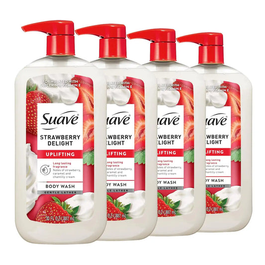 Suave Strawberry Delight Uplifting Body Wash, Formulated with Glycerin and Vitamin E for Hydrating and Gently Cleansing Skin, 30 FL OZ Pump, 4 Pack