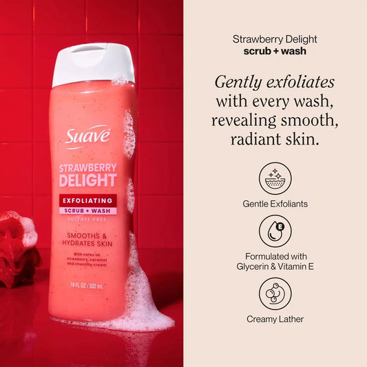Suave Strawberry Delight Exfoliating Body Wash & Scrub with Glycerin & Vitamin E, Sulfate-Free Hydrating Cleanser for Soft, Smooth Skin, 18 FL OZ Pack of 6