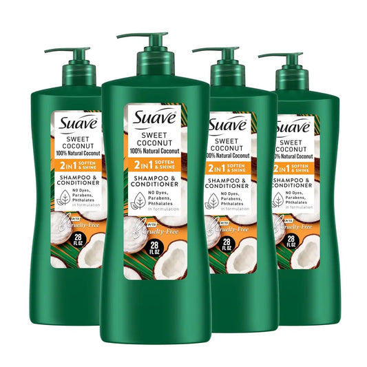 Suave Smooth & Shiny 2-in-1 Shampoo & Conditioner with Coconut Oil, Smoothness & Shine in One Step, No Parabens, Phthalates, or Dyes, 4 Pack, 28 FL OZ Each