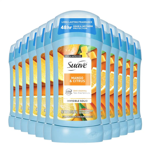 Suave Antiperspirant Deodorant For Women, Invisible Underarm Deodorant, 48hr Odor & Wetness Protection, Mango Citrus, Sensitive Skin Deodorant Solid Stick, 2.6 oz (12 Bulk Pack)