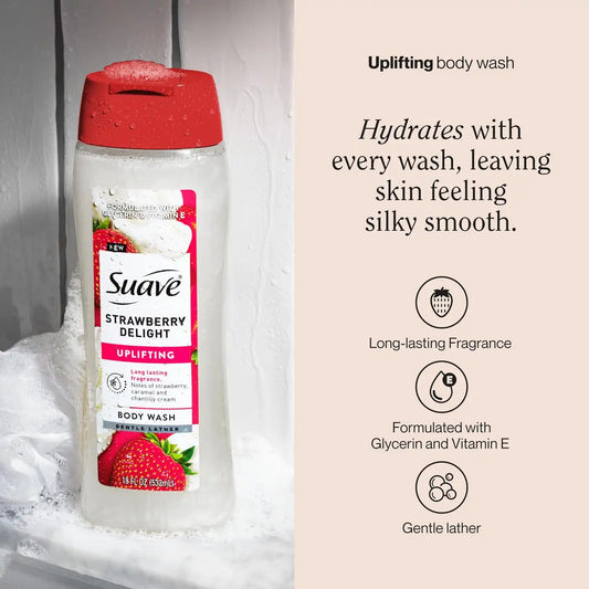 Suave Strawberry Delight Uplifting Body Wash, Formulated with Glycerin and Vitamin E for Hydrating and Gently Cleansing Skin, 18 FL OZ, 6 Pack
