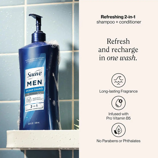 Suave Men Ocean Charge 2 in 1 Refreshing Shampoo & Conditioner with Pro Vitamin B5, Hydrates & Revitalizes Hair, Ocean Fresh Scent, 4 Count, 28 FL OZ Pump