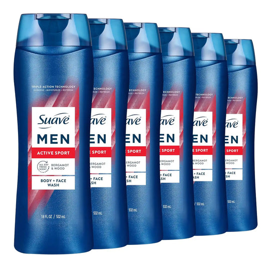 Suave Men Moisturizing Body & Face Wash, Energizing Sport with Bergamot & Wood Scent, No Parabens, No Phtahaltes, 18 Oz Pack of 6